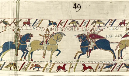 Hertig William frågar Vital om han har sett Harolds armé, Bayeux Tapestry